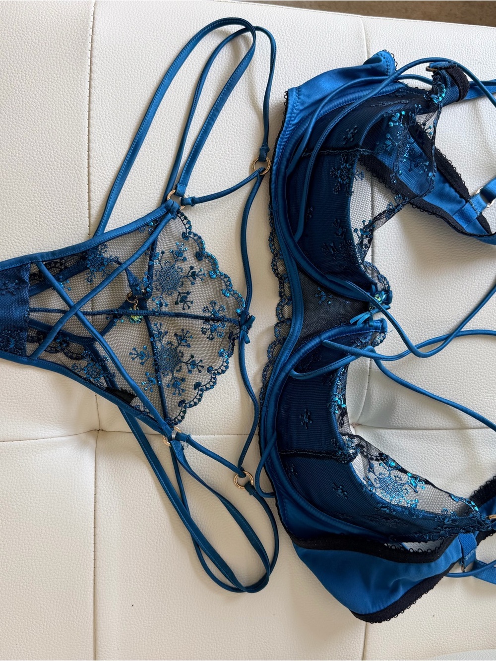Honey Birdette Sassy, 38D & XL, Sheer Floral Lace Strappy Bra & Thong Set - Blue